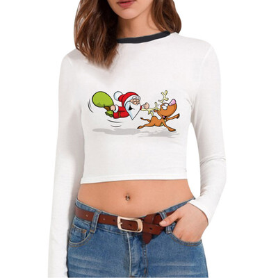 

Christmas T-shirt Santa Claus Christmas Tree Print Multiple Choices Long-Sleeve Cropped tshirt New Hot Women Clothes