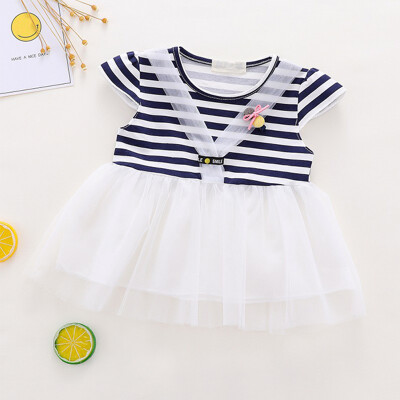 

Summer Girls Dress Sweet Striped Print Princess Mesh Cute Sweet Lace Short-sleeved Cotton Dress