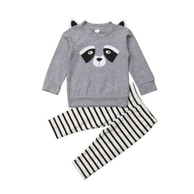 

Spring Autumn Casual Baby Boy Cartoon Printing Long Sleeve Top And Striped Trousers Kids Two-piece Outfit Set