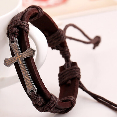 

Fashion Adjustable Bangle Multilayer Adjustable Leather Woven Braided Bangle Cross Bracelet Leaf Wrist Cuff Wristband