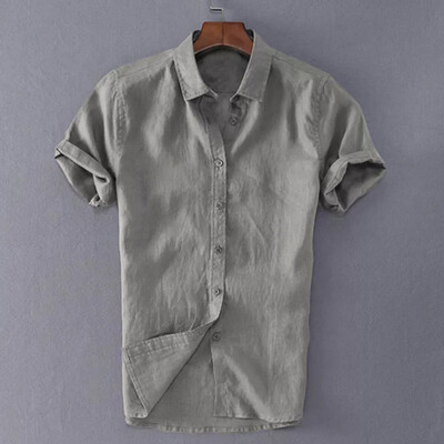 

Mens Tops T-Shirts Cotton Linen Solid Color Lapel Button Short Sleeve Clothing