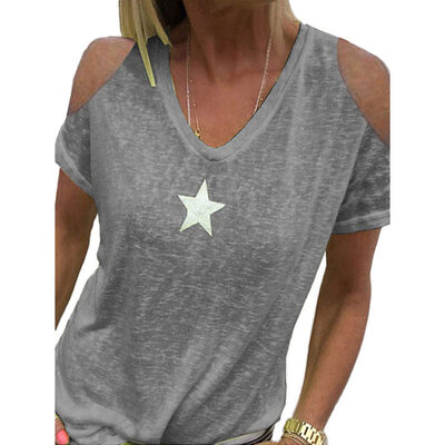 

Women Summer Cold Shoulder Star Print Plus Size T-Shirt V Neck Solid Color Top