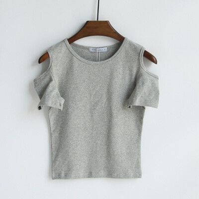 

Simple Solid Color Sexy Cold Shoulder T Shirt Women O-Neck Short Sleeve Short Tshirt Slim Cozy Wild Tee Shirt Femme