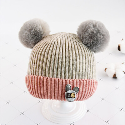 

Warm Winter Newborn Cute Warm Kids Girls Boys Baby Cartoon Bear Hats Knitted Wool Hemming Caps With Ball