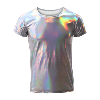

Sexy Mens Glossy Shiny T-shirt Short Sleeve Night Club Faux Leather Tee Top