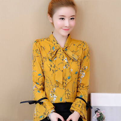 

Women Sweet Flare Sleeve Chiffon Shirts Ladies Bow Tie Floral Print Blouses Tops White yellow Shirt