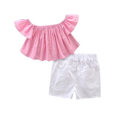 

2018 Cute 3Pcsset Baby Girl Off Shoulder Floral Tops Blouse Hole Solid Denim Shorts Headband Clothes Set
