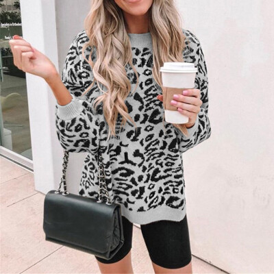 

Tailored Women O-Neck Leopard Print Pullover long Sleeve Loose Knitted Sweater Tops