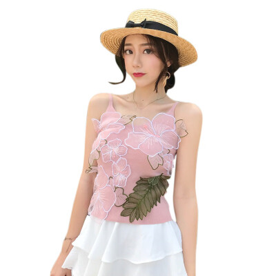 

New Summer Ladies Bohemian Folk Style Appliques floral Sling Low Cut Slim Short Tank Vest Women Strap Crop Top Shirt