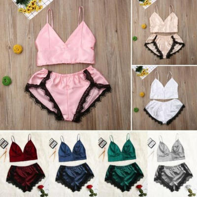 

Ladies Women Satin Lace Sleepwear Babydoll Lingerie Nightdress Pajamas Suit Sets