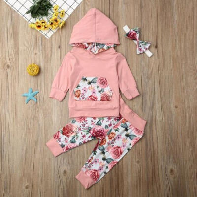 

US Toddler Newborn Baby Girl Floral Outfits Hooded Tops Shirt Pants Tracksuit