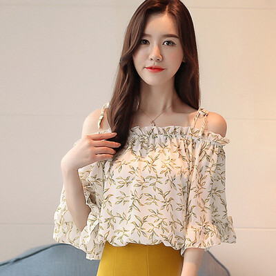 

Sexy Off Shoulder Ruffle Tops Blouses Floral Printed Chiffon Blouse Korean Short Sleeve Casual Women Blusas Femininas Clothing
