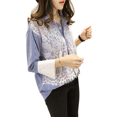 

Korean new 34 Sleeve loose shirt lace trim Patchwork casual shirt blouses women tops three quarter turn-down sleeve streetwear