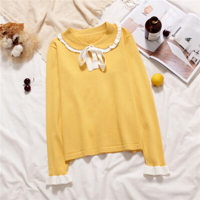 

Women Sweater Turn-Down Collar Bow Sweet Sweater Long Sleeve Autumn Knitted Pullovers Korean Fashion Kawaii Female Tops