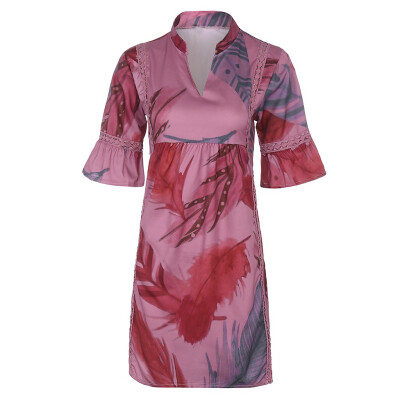 

Tailored Fashion Women Casual V-Neck Print Hollow Out Patchwork Butterfly Sleeve Dress