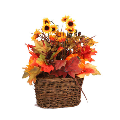 

Artificial Sunflowers Pumpkin Rattan Woven Maple Leaves Berries Basket Indoor Outdoor Table Centerpieces Thanksgiving Decoration