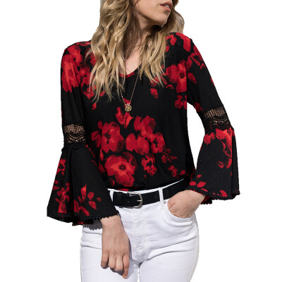 

Autumn Floral Flare Long Sleeve Blouse Women Tops Shirt Hollow Patchwork Ladies Office Blouse Fashion Blusas Chemise Femme H9