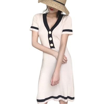 

Korean Style V-neck temperament Slim matching knit short-sleeved dress black single size elegant female dress
