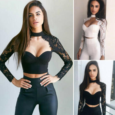 

Womens Slim Lace Flore Shirt Crop Tops Long Sleeve Sexy Blouse Tops Black -XL