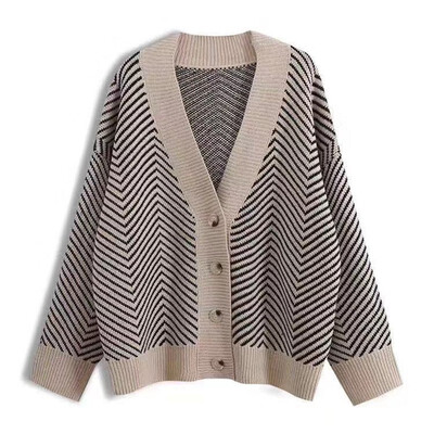 

Women Print knitted Sweater Single Breasted Long Sleeve V neck Outerwear Female Casual Loose Cardigans