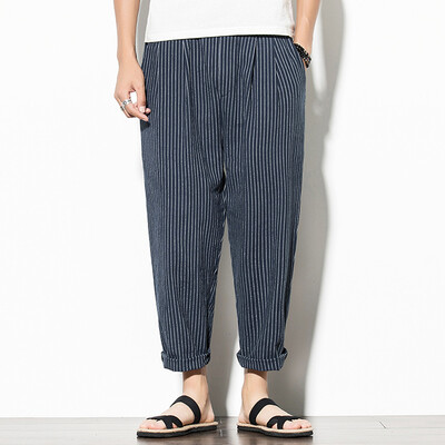 

Gobestart Men Casual Loose Retro Stripe Drawstring Calf-Length Pants Harem Trousers