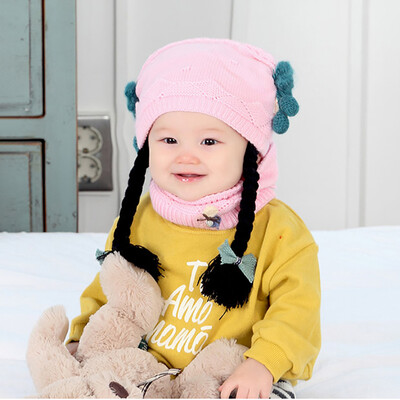 

2PCSSet Winter Baby Girl Warmer Scarf Hat With Braid Design Infant Collar Neckerchiefs Headwear Cartoon Scarf Hat Set