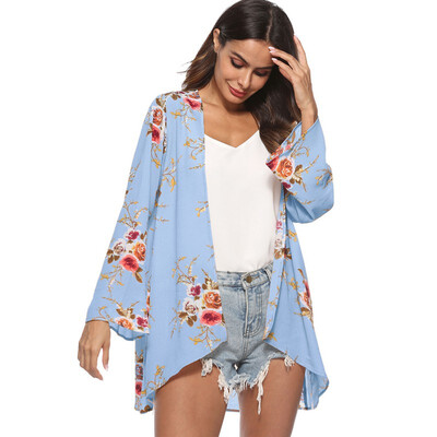 

Ladies Long Sleeve Bohemian Floral Print Irregular Chiffon Cardigan Beach Women Shirt Loose Long Women Blouse Tops Female