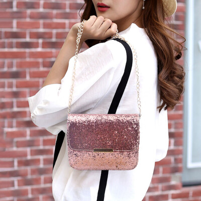 

New Fashion Women Sequin Shoulder Bag Shiny Glitter Chain Bag Pu Leather Flap Party Crossbody Bag PinkPurple