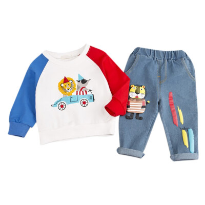 

New Autumn Baby Boys Clothes 2pcs 0-4T Cute Toddler Long Sleeve Cartoon Pattern Sweatshirt TopsDenim Pants Trouser Costume Set