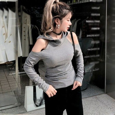 

Women Hoodie Crop Top Ladies Long Sleeve Cold Shoulder Hooded Top Blouse T-shirt