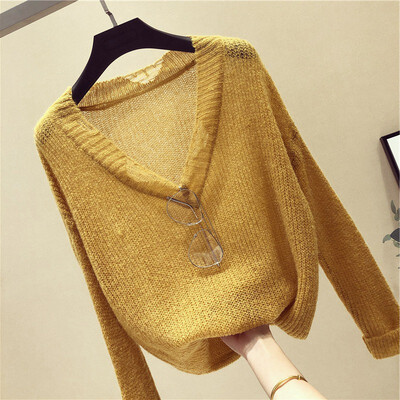 

Autumn New Loose Casual Solid Color Hollow Sweater Korean Style Long-sleeved V-neck Women Knit Pullover Ladies Tops