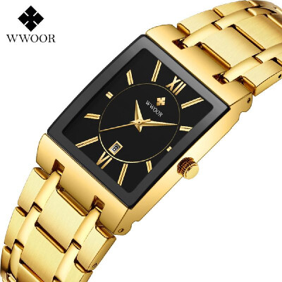 

WWOOR Men Fashion Rectangular Dial Analog Quartz Watch Business Waterproof Calendar Stainless Steel Band Wrist Watch