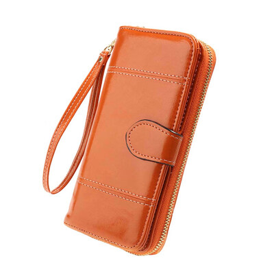 

Retro Women Solid Color Oil Wax Faux Leather Wallet Long Zipper Coin Bag Purse
