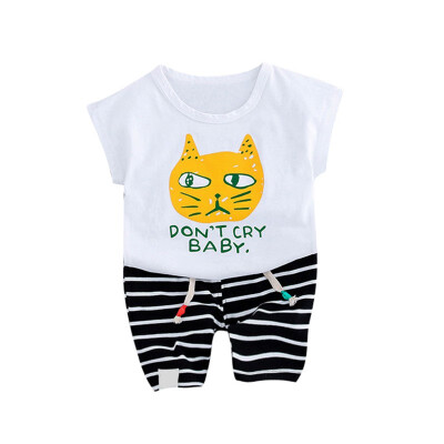 

Summer Baby Boys Girls Cat Print T-Shirt Tops Stripe Pant Suits Casual Short Sleeve Outfits Sets