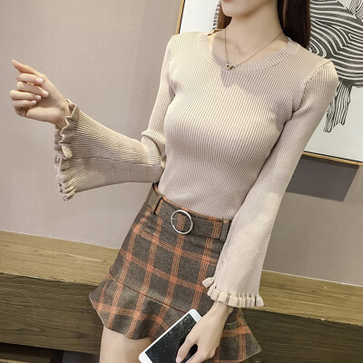 

Autumn Winter New Slim Ruffled Flare Sleeve Solid Color Sweater Trumpet Sleeves Round Neck Women Knit Pullover