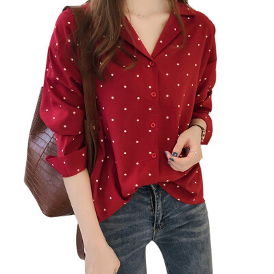 

Women Casual V-Neck Top Long Sleeves Blouses Spring Summer Chiffon Polka Dots Shirt