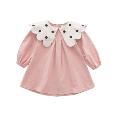 

Spring Autumn New Baby Kids Girls Cotton Long Sleeve Dress Dots Doll Collar Solid Color Princess Skirt High Waist Button Dresses