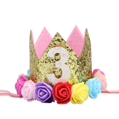 

Baby Boy Girl Birthday Party Hat Headwear Elastic Headband Glitter Number Flowers Crown