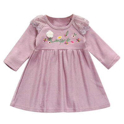 

Children Spring Autumn Girls Cute Embroidered Lace Stitching Round Collar Princess Long-Sleeved Sweet Princess Dress