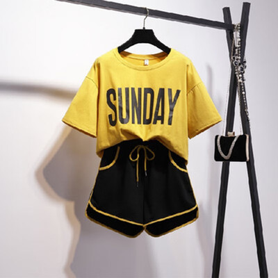 

Casual Womens Two Piece Set Summer SUNDAY Letter Print Plus Size Short Sleeve Tee&Elastic Waist Sporty Shorts Set -4XL