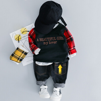 

Spring Childrens Set Kids Clothing Casual Kids Boy Long Sleeve Classic Plaid Outfits Set Cotton Sweaters Tops Casual Pants