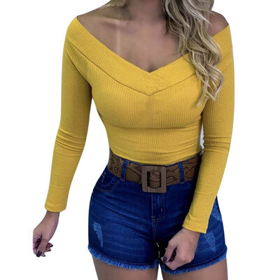 

Winter Deep V Neck Collar Solid Color Warm Simple Triangle Shirt Slim Long-sleeved Slim Inside Skinny Jumpsuit Female