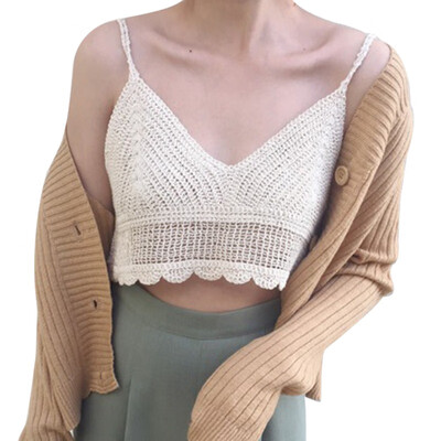 

Korean Version Women Retro Tank Tops Knitted Hook Stripe Hollow Out Casual Irregular Crop Tops Slim Halter Shirt Sexy Vest