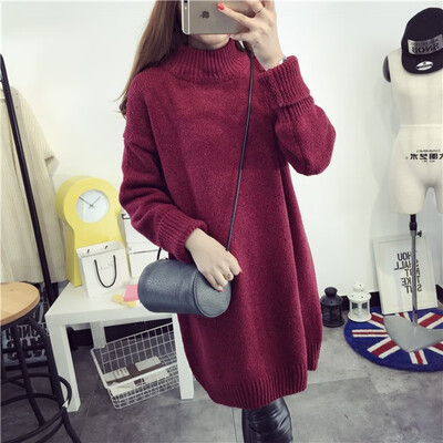 

Long loose&thick knitted sweater with undercoat for womens pullover with semi-turtleneck for autumn&winter 2018