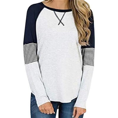 

Women T-Shirt Fashion Round Collar Summer Color Matching Loose Long Sleeve Casual Simple Wild t-shirt femme