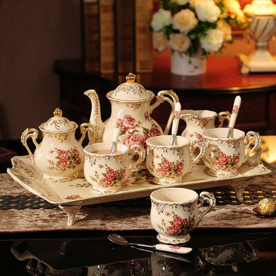 

Rose Pattern Porcelain Tea Coffee Set Teapot Sugar Bowl Creamer Cups Tray 8 Pcs