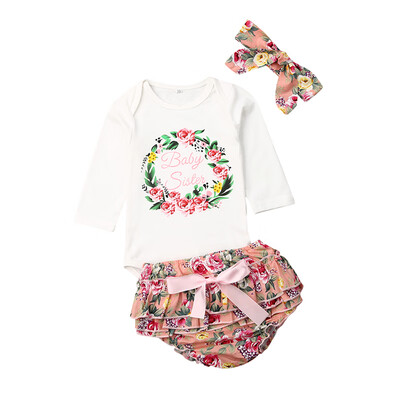 

Summer Baby Girl Casual Long Sleeve Letters Print Romper Tops Floral PP Pants Headband Outfits Set