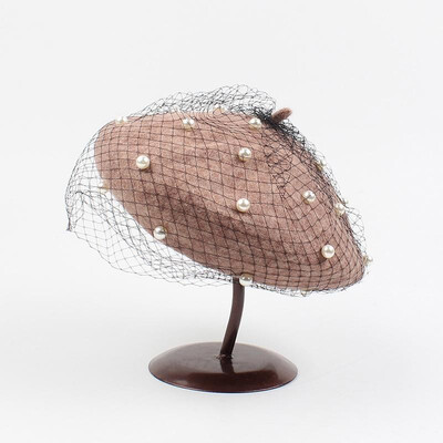 

New Fashion Women Autumn Winter Berets Hats Beading Mesh Solid Color Round Crown Painter Hat Beanie Cap Headwear