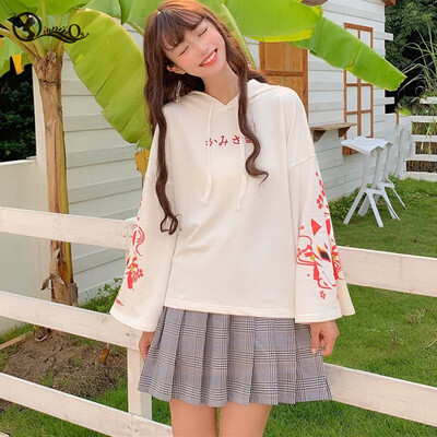 

Hooded Autumn Winter Tops Women Harajuku New Cartoon Fox Print Hoodies Japanese Style Fashion Sweet Long Sleeve Hooded Pullover
