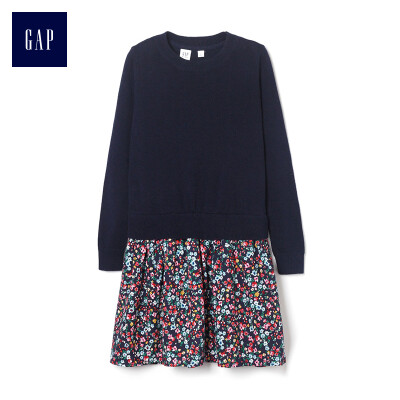 

GAP flagship store girls stitching printed knit long sleeve dress 395159 navy blue XS